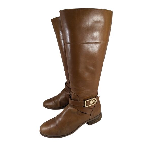 MICHAEL BY MICHAEL KORS! PECAN BROWN GENUINE LEATHER GOLD LOGO BOOTS!SZ 8M - Picture 3 of 12